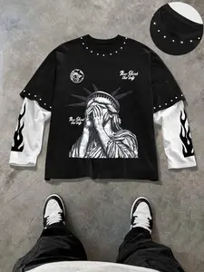 Men's Thin Long Sleeve T-Shirt, Fake Two-Piece Design, Sun Goddess Letter Print, Casual Streetwear Knit Top, Soft Fabric, All-Season Gift, Aesthetic