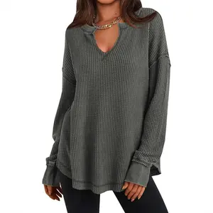 Women's casual knitted sweater for autumn and winter, solid color, long-sleeved, V-neck waffle knit sweatshirt top
