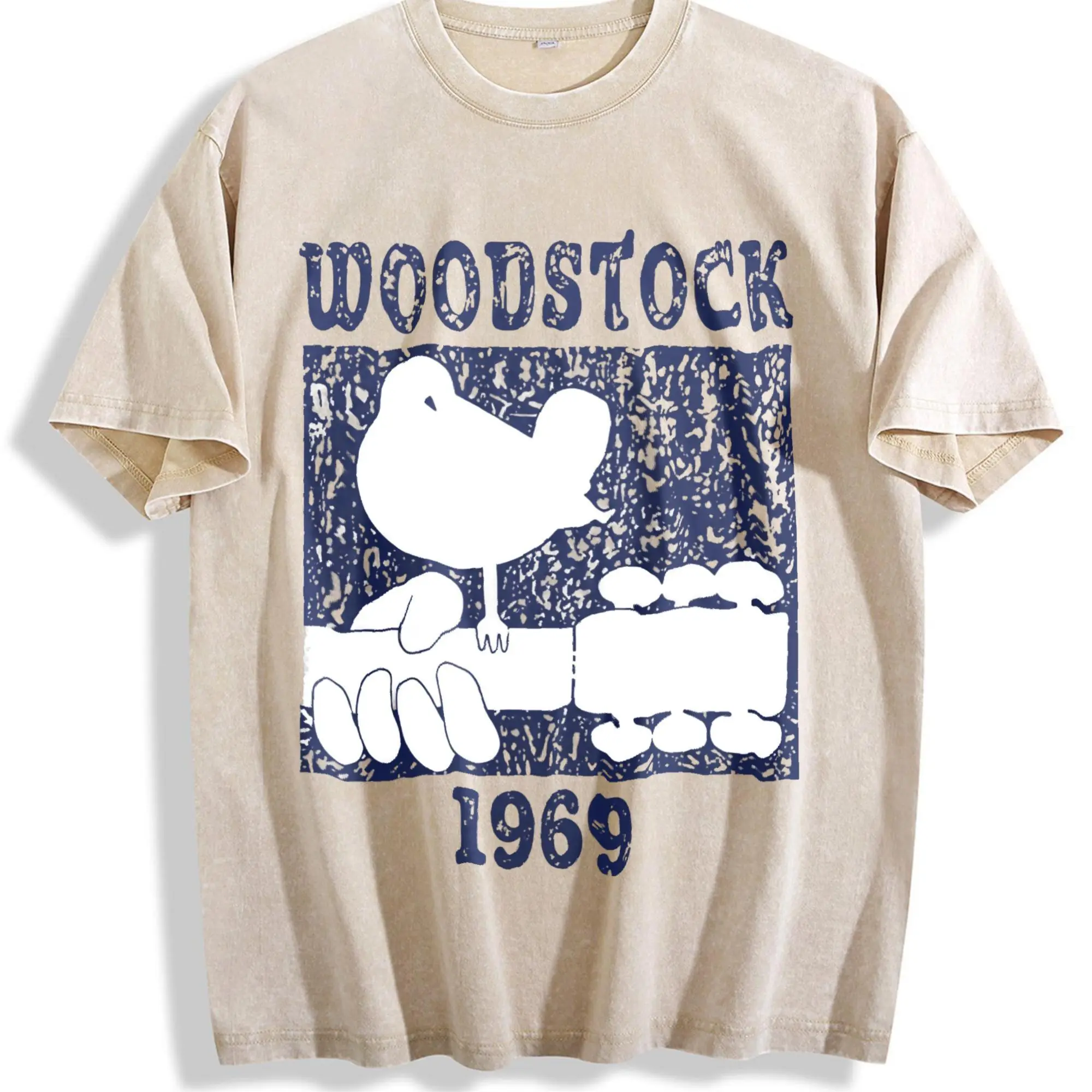 Women's Vintage Graphic Knit Tee with Woodstock 1969 Print, Loose BF Style Cotton T-Shirt with Round Neck, a Casual OOTD Staple (S, M), Graphic Print, Line Dry, Driving / Ootd