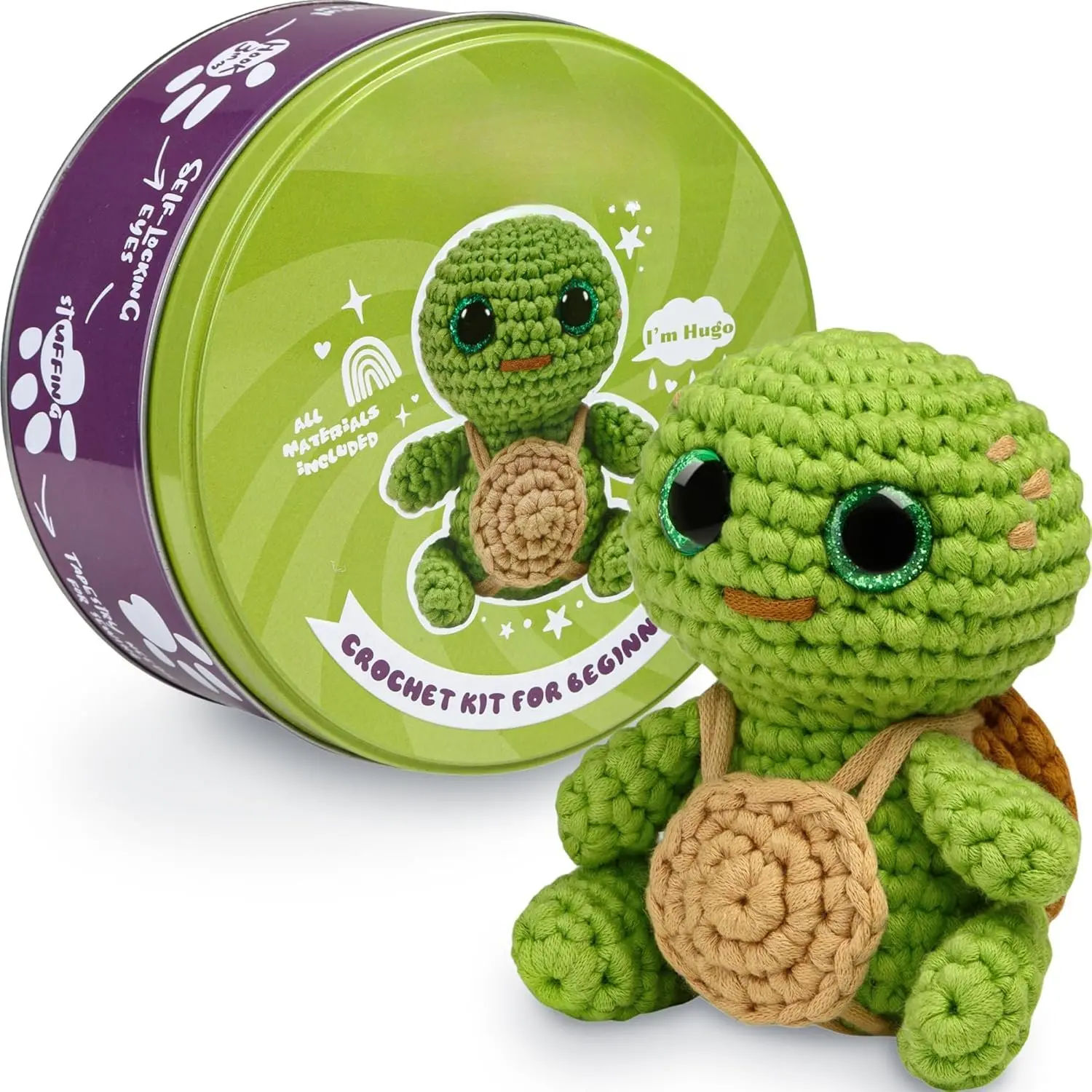 Crochet Kit for Beginners   Set to Make Turtle Hugo Amigurumi Plushie  Easy DIY Crochet & Knitting Starter Kit with Video and PDF Tutorials