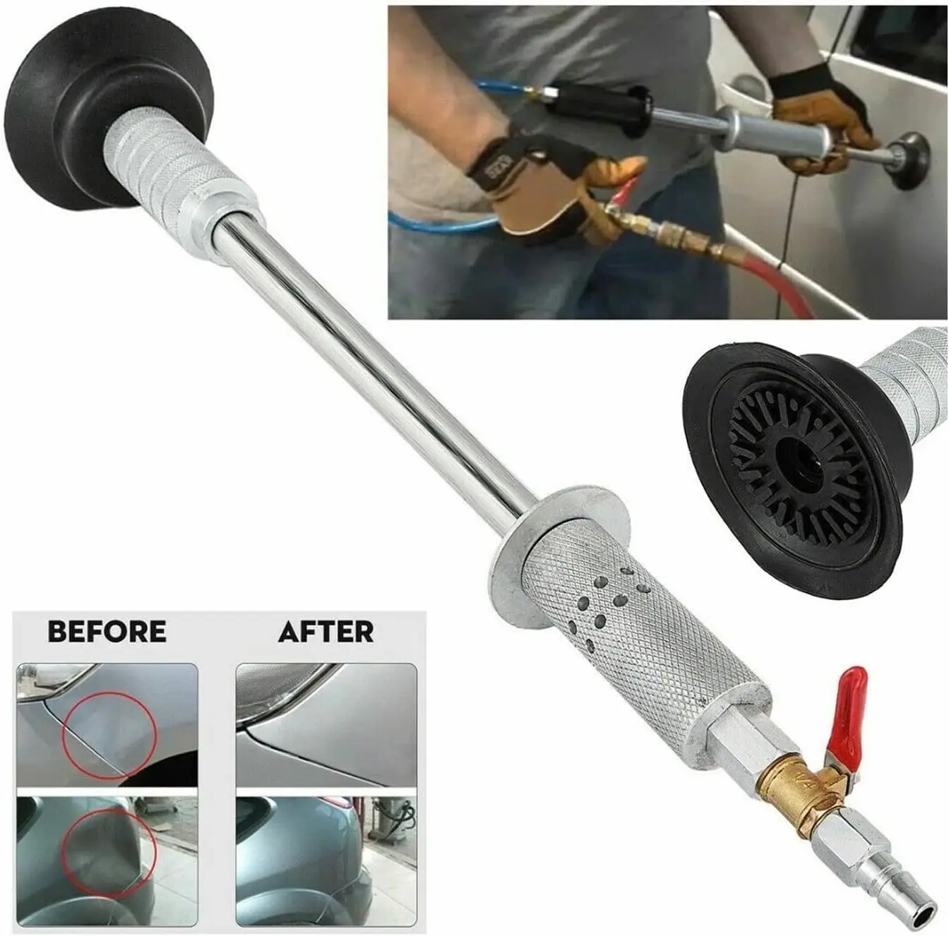 Pneumatic Car Body Repair Dent Puller Kit Set - 3 Pcs Multiple Suction Cups (3.2in, 4.7in, 6.1in), 23.2in Length Auto Repair Tool