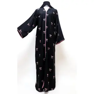 Open Bow Embroidery Abaya - Black