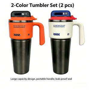 2-Pack Insulated Tumblers with Handle, 34oz / 1000ml Stainless Steel Travel Mugs, Leakproof Double Wall Cups for Hot & Cold Drinks