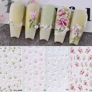 4pcs Spring Floral Nail Art Stickers, Self-Adhesive Flower Leaf Plant Designs, 5D Embossed Decorations, Easy DIY Nail Decoration, Party Makeup