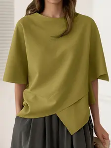 Women's Solid Color Blouse, Casual Round Neck Top for Summer, Women's Clothing for Daily Wear