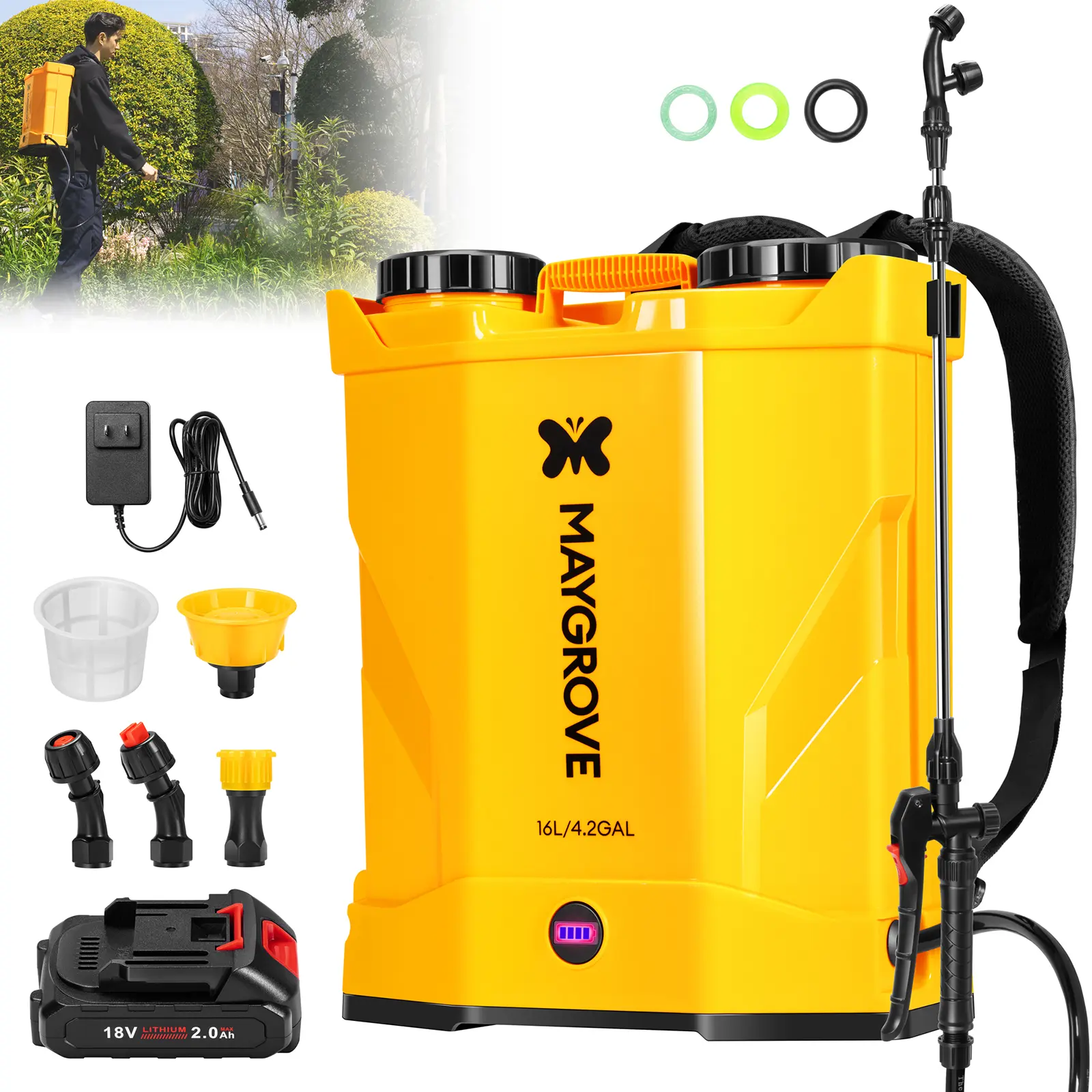 MAYGROVE 4.2 Gal Electric Backpack Sprayer, 2-4h of Continuous Spray, Equipped with Adjustable Wand & 5 Nozzles, Auto Spraying for Garden, Lawn Care, Fertilizing & Weed Control