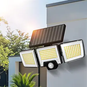 Solar Motion Sensor Outdoor Light, 3-Head 216 LED Security Floodlight with Remote Control, IP65 Waterproof Adjustable Wall Lamp, Solar Powered Exterior Light for Garden, Garage, Yard, Porch, Driveway