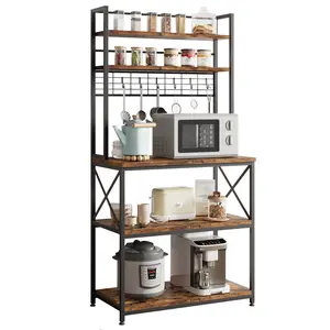 Heavy Duty 5-Tier Freestanding Bakers Rack, Rustic Brown Metal Storage Shelf with Adjustable Shelves and 6 Hanging Hooks. Perfect for microwave placement, coffee bar setup and kitchen storage of spices and cookware.