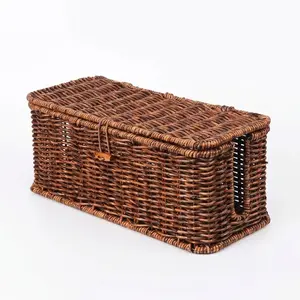 Woven Cable Management Box, Rattan Power Strip Hider Organizer, Desk Cord Concealer Basket with Lid, Desktop Organizer Bins, Home Storage