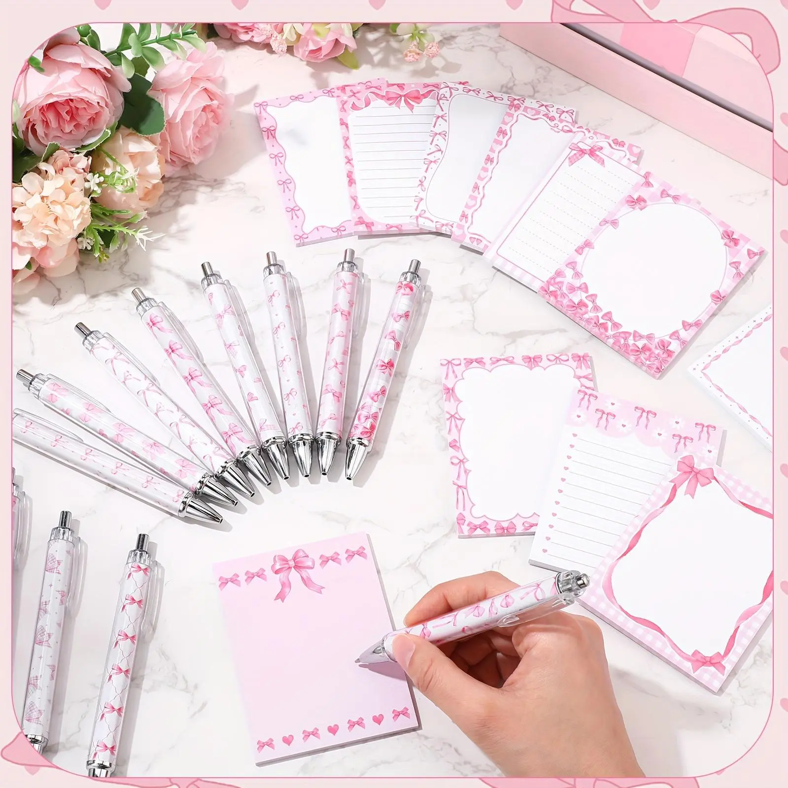 24pcs Pink Bow Sticky Notes With Pens Coquette Bow Themed Self Adhesive Notepad Black Ink Ballpoint Pen Office Supplies Coquette Gift For Birthday, Bachelorette, Bridal, Engagement