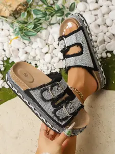 Boho Style Slippers, PU Leather Upper, Rubber Sole, Adjustable Buckles, Fringe Detail, Chunky Bottom, Summer Fashion Footwear