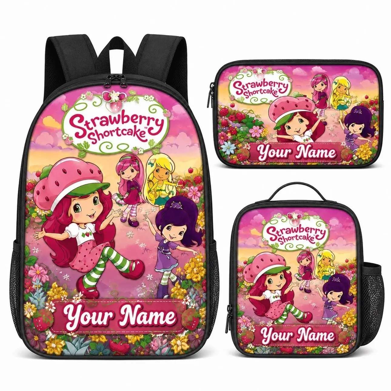 Personalized Sweet Strawberry Girl Backpack Set | Custom Name Kids School Bag Insulated Lunch Box Pencil Case | Gift for Girls