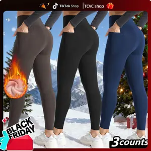 winter commuting TCVC Winter Women's Leggings Thermal Lined Velvet High Waist Super Warm Pants with Side Pocket Design Antibacterial Effect Unmarked Edging Comfortable Stretchy Thermal Long Johns Plus Size Fit Black Party Minimalist