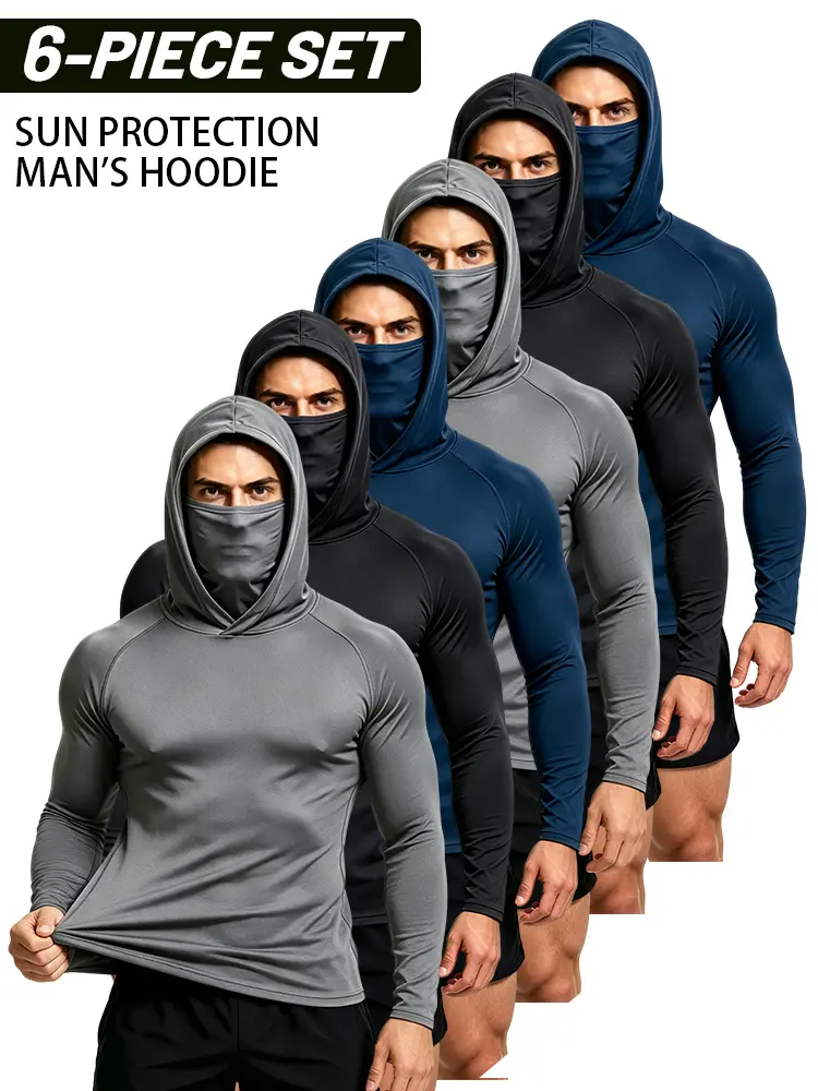 6/3-piece set men's outdoor work sun protection clothing with sun-blocking hoodie, featuring built-in face mask and neck guard, breathable long-sleeve hoodie,back to school,back to school shopping