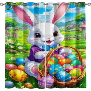2pcs Easter Bunny Curtains, Charming Egg Basket & Spring Meadow Print, Perfect for Family Homes & Holiday Decor Enthusiasts, Home Decoration Curtain