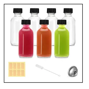 2oz Small Clear Glass Bottles with Lids - 7 Pack Shot Bottles with Caps for Ginger Shots, Juice, Potion, Liquids, Whiskey - Mini Travel Bottles with Funnels, Stickers and Brush (7Pack-Clear)