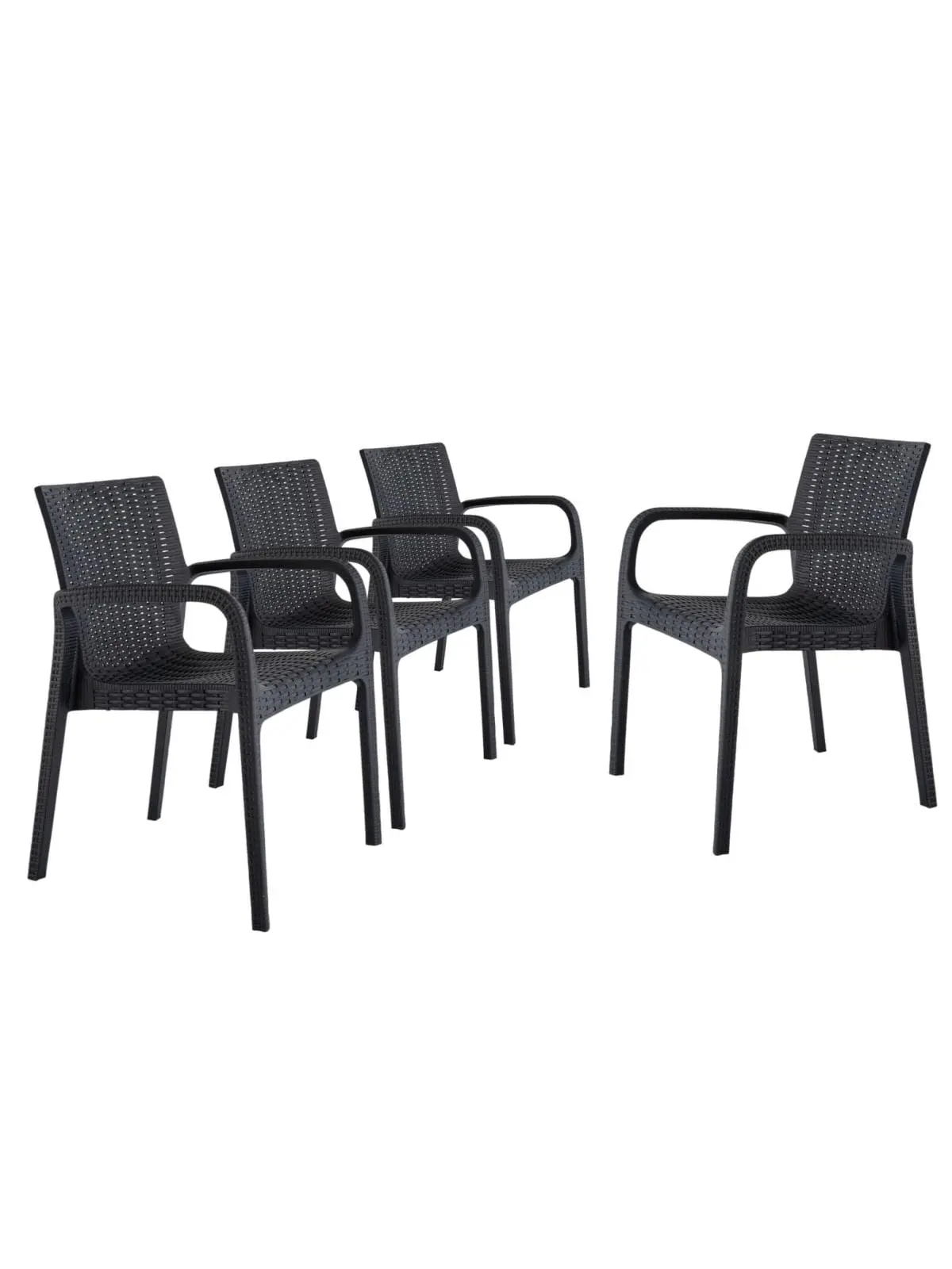 212 MAIN 24 in. Black Faux Rattan Outdoor Stackable Arm Chairs - Set of 4, Heavy-Duty Plastic, Weatherproof, Fixed Arms, Solid Back