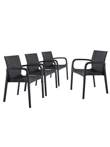 212 MAIN 24 in. Black Faux Rattan Heavy Duty Plastic Outdoor Stackable Arm Chairs - Set of 4, Weatherproof, Fixed Arms, Solid Back