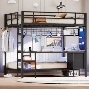 Hasuit | Full Over Twin Bunk Bed with Desk Convertible Storage Shelf Metal Loft Bed with Led Lights & Charging Station Bunk Beds for Teens with Safety Guard & Stairs