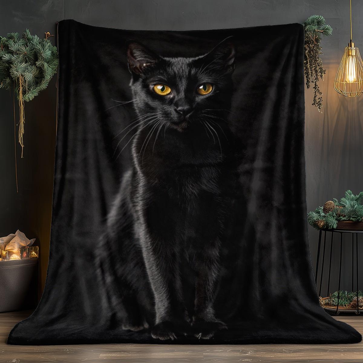 Black Cat Pattern Blanket - Soft and Lightweight Flannel Sofa Bed Cover, Four Seasons Universal Living Room Camping Travel Comfort Blanket - Modern Home Decoration Gift (Dark Background), Cat Design