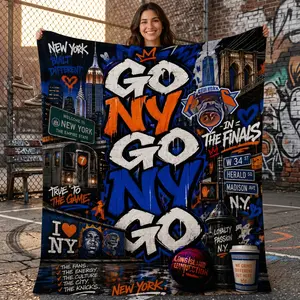 Funny Go NY Go NY Go Throw Blanket, Blue Orange Basketball Inspired Fleece Blanket, Sports Fan Gift