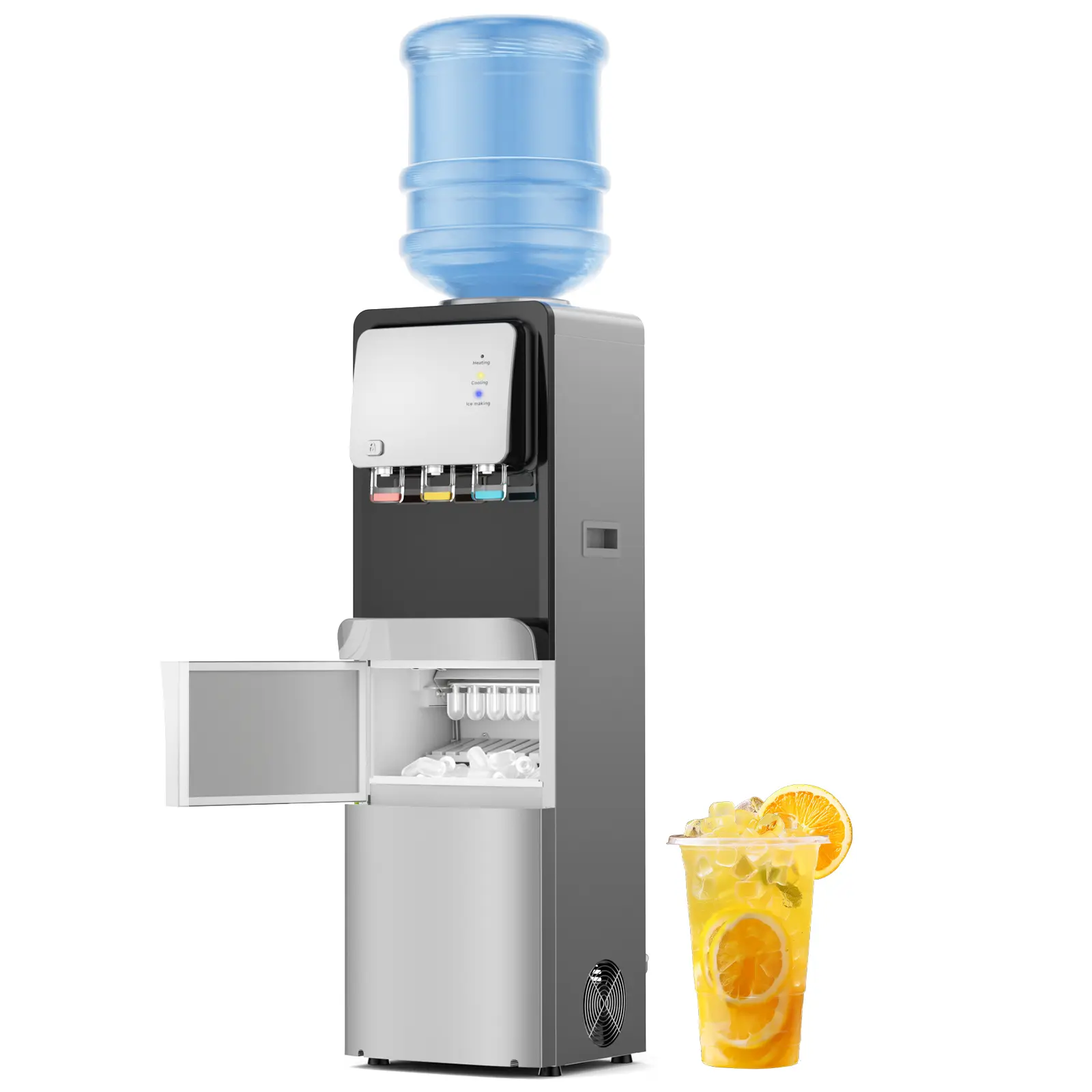 White 3-in-1 Multifunctional Kitchen Appliances Water Cooler Dispenser - Top-Loading (2/3/5 Gal Bottle Support), 33 lbs/day Bullet Ice Maker, Hot & Cold Water, Child Safety Lock, Quiet for Home, Office