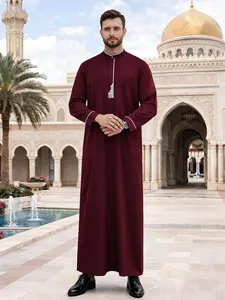 Arabic Islamic Muslim Traditional Clothing, Ramadan Festival Sacrifice Day Traditional Holiday Wear, Men's Classic Wine Geometric Embroidered Robe, Authentic Saudi Thobe