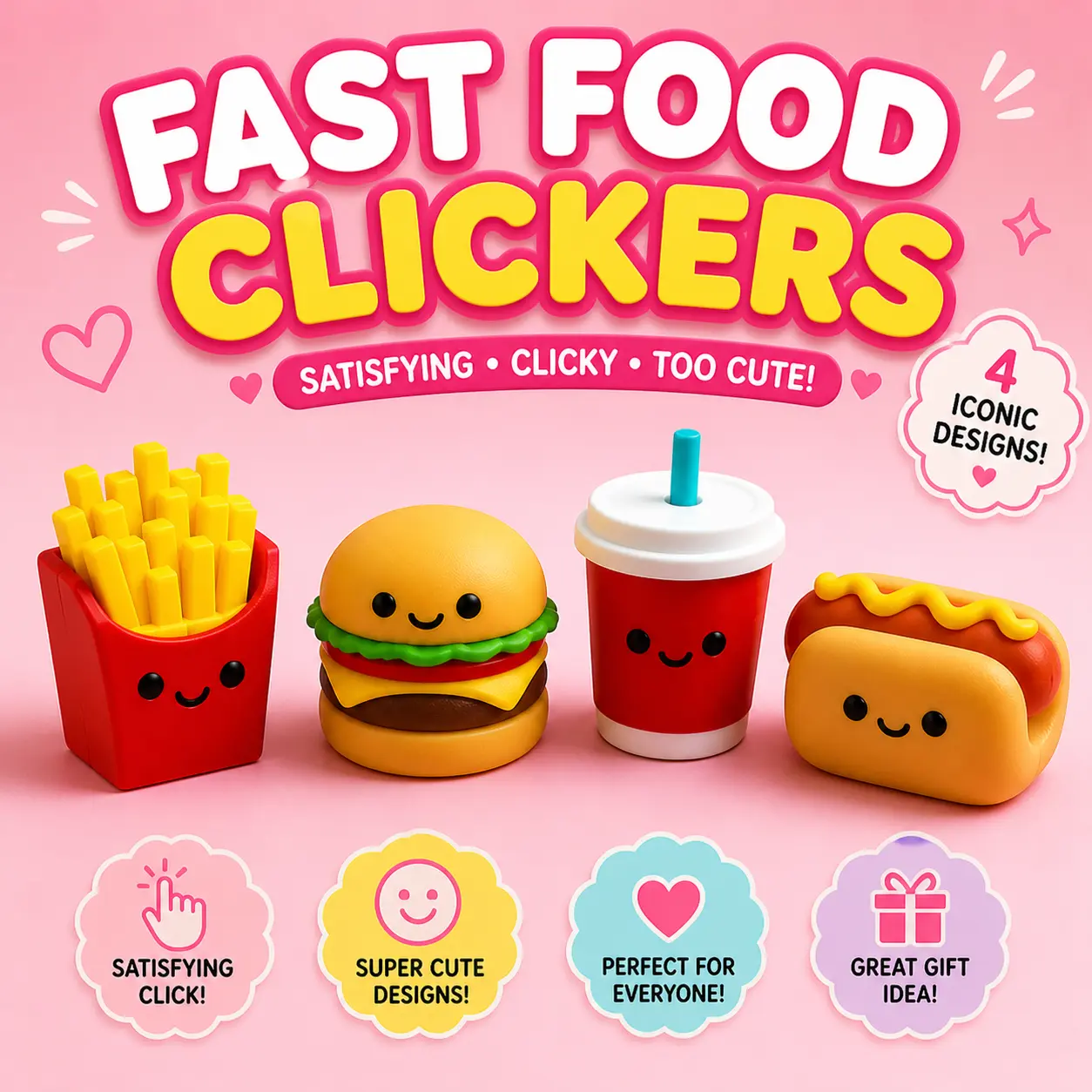 Fast Food Fidget Clickers – Hot Dog, Burger, Fries & Drink Sensory Keychain Toys