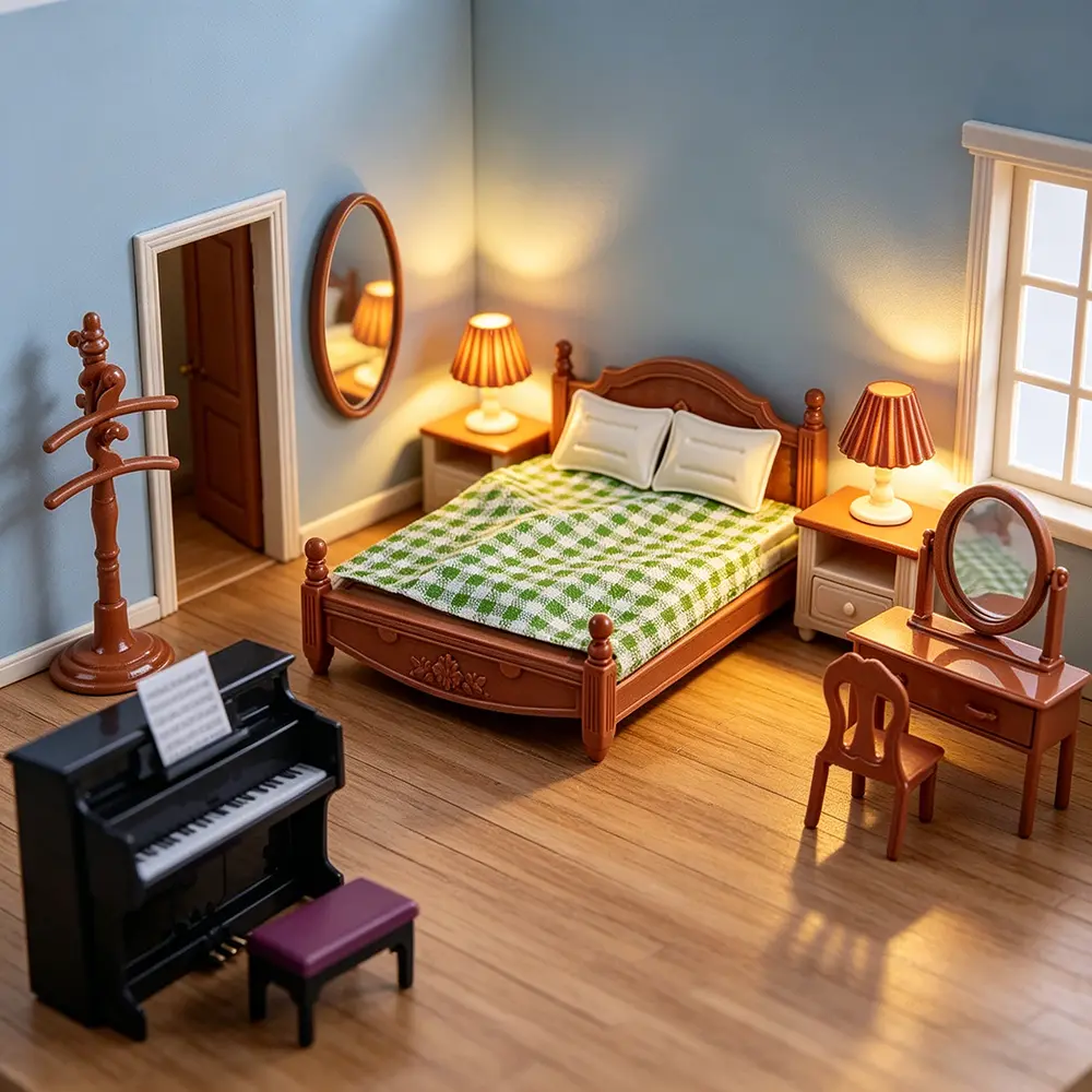 Dollhouse Bedroom Toy Set - Miniature Scene Model Figurine with Large Brown Bed, Vanity, Table Lamp, Black Piano - Dollhouse Accessory for Kids' Birthday, Christmas Gifts