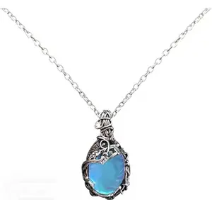 Bohemian Moonstone Pendant Necklace with Leaf Vine Design - Vintage Style, Silvery Plated Alloy, Perfect for Daily Wear or Music Festivals, Festival Jewelry|Vintage Boho Style|Alloy Construction