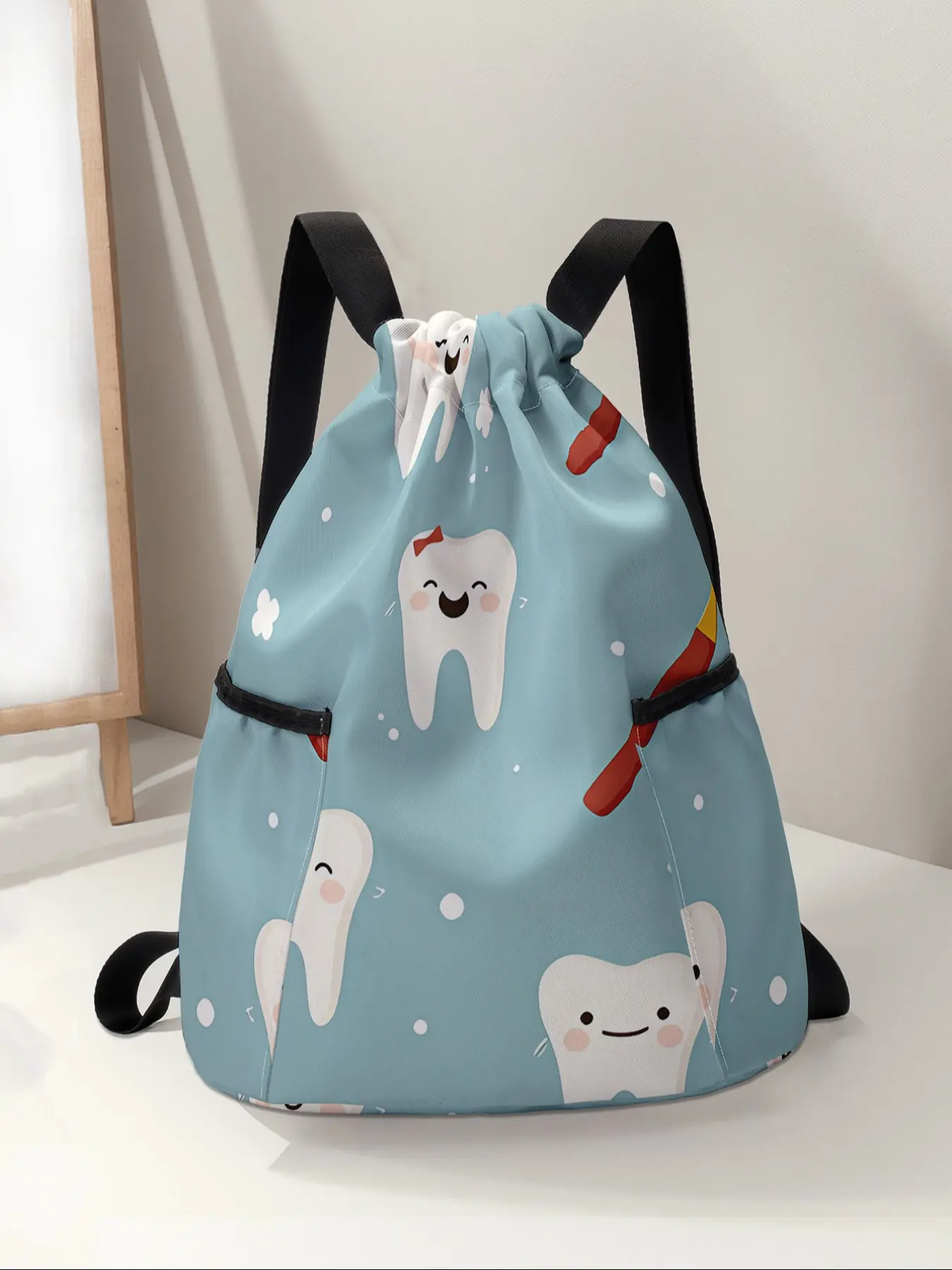 Teeth Pattern Drawstring Backpack, Large Capacity Durable Fitness Bag, Adjustable Straps, Sports Beach Bag, Unisex Travel Hiking Camping Essential
