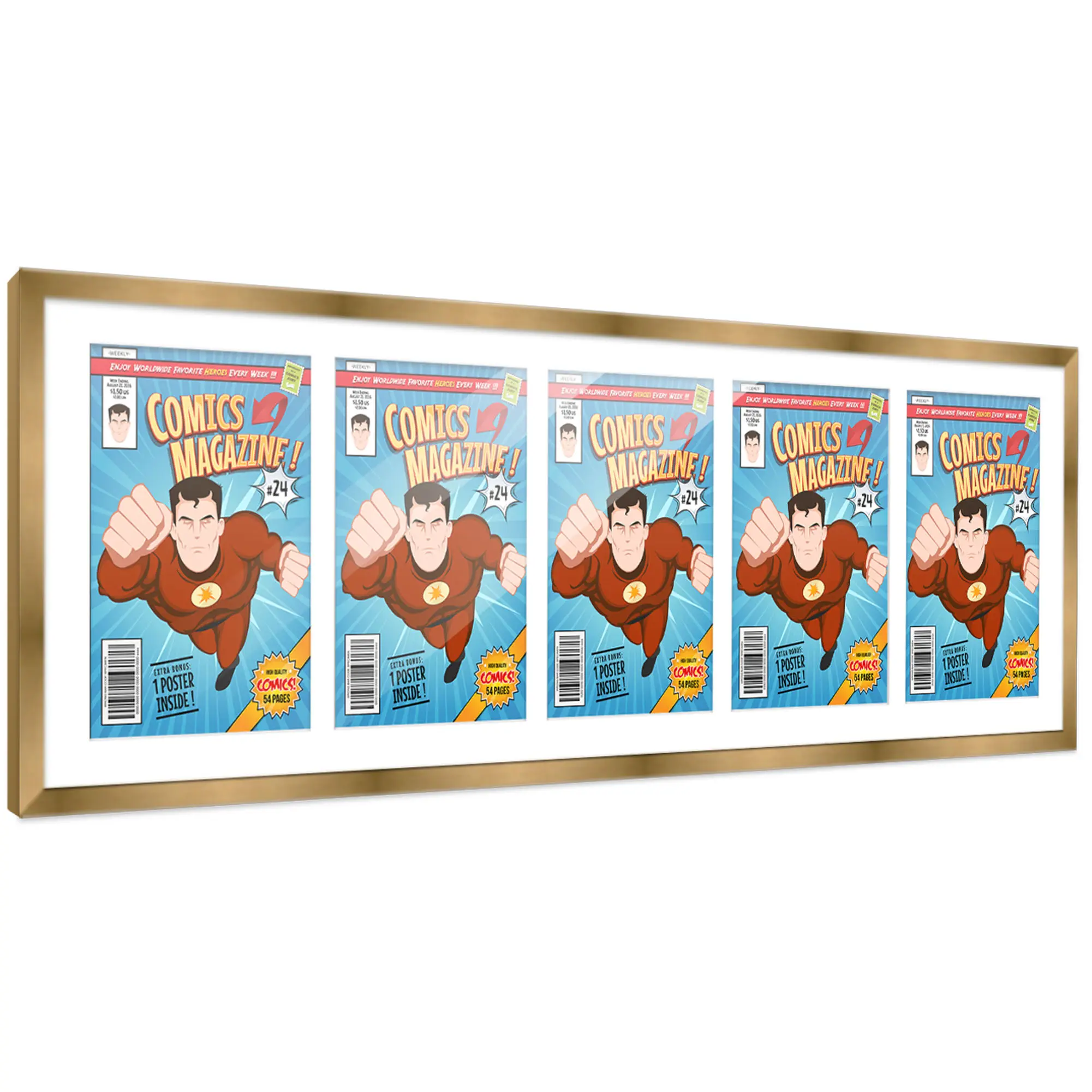 Comic Book Frame with Mat for 5 Silver Age Comics Published Between 1956 and 1970 - Bronze Wood Comic Frame With White Mat for 7.125x10.5 Comics - 44x14 Frame Size