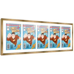 Comic Book Frame with Mat for 5 Silver Age Comics Published Between 1956 and 1970 - Bronze Wood Comic Frame With White Mat for 7.125x10.5 Comics - 44x14 Frame Size