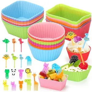 70 Pcs Silicone Lunch Box Dividers Set, Thicked Silicone Cupcake Liners for Baking, Reusable Lunch Bento Box Accessories with Animal Food Picks for Kids (20 Cupcake Cup + 50 Picks)