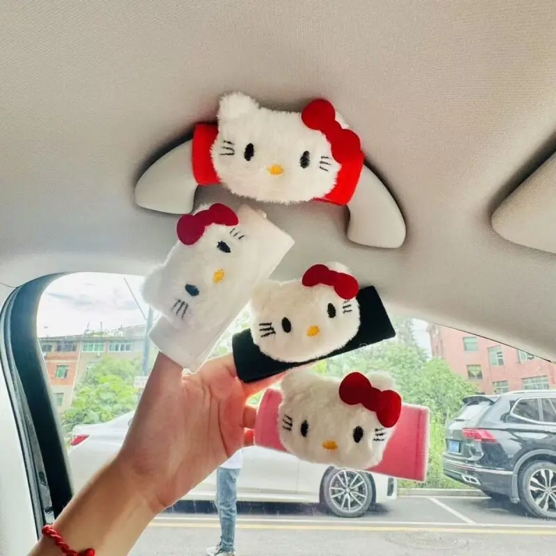 Sanrio Hello Kitty 2-Pack Roof Handle Protective Covers, Cartoon Motif Soft Fabric Overhead Grab Handle Sleeves, Velcro Closure, Universal Anti-Scratch Car Decorations Interior, Girly Car Accessory Gift