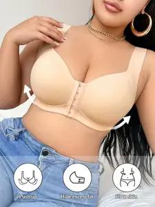 Women's Plus Size Plain Front Buckle Bra, Seamless, Shell Pattern Decoration, Wide Shoulder Straps, Removable Pads, No Steel Cup, All Seasons