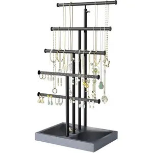 Jewelry Organizer Stand,5 Tier Large Necklace Holder with Wood Base,Jewelry holder stand Tree for Display,Bracelets Earrings Rings,Height Adjustable Gift Weathered Grey