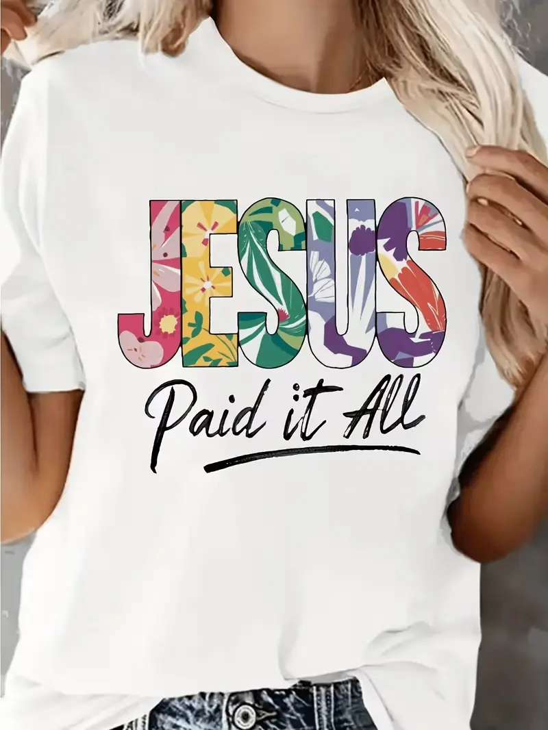 Christian Faith T-Shirt - "Paid It All" Bold Black Lettering & Floral Cross Back Print Suitable for Church Outfits, Soft Breathable Short Sleeve Round Neck Religious Graphic Tee, Casual Wear for Church Events & Everyday Christian Apparel