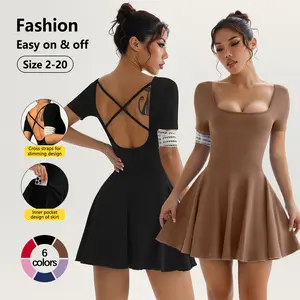 Women's Solid Square Neck Sports Dress Inner Pocket, Casual Sporty Short Sleeve Skorts Dress for Daily Outdoor Sport, Ladies Sportswear for All Seasons, Womenswear