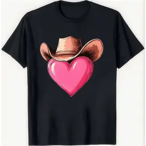 Western Cowboy Hat Heart TShirt Country Love Design Romantic Rodeo Lover Gift Cowgirl Fan Casual Tee