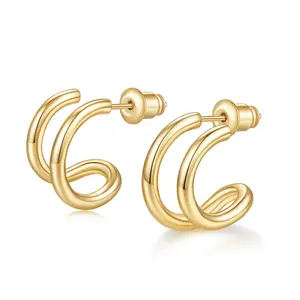 MINDDHA 14K Gold/ White Gold Plated Earrings | 925 Sterling Silver Post | Double Hoop Earrings for Women| Dainty Huggie Hoops| Split Hoop Earrings| Double Huggie| 15mm Diameter