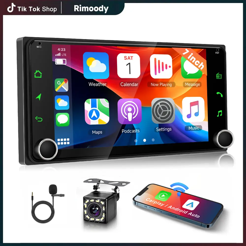 Rimoody 7" Double Din Car Stereo for Toyota Corolla 2003-2008, for RAV4 2001-2008, for 4Runner 2002-2009,Wireless Carplay & Android Auto, Bluetooth,SWC,AM FM RDS Radio, EQ, Dual USB, Mirror Link+Backup Camera, Backlit, English, 7-Inch, 1024X600, Carplay C