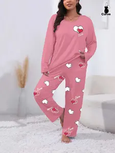 Plus Size Heart Letter Print Comfortable 2-Piece Set, Casual Long Sleeve Pajama Pants Suit, All Seasons Fitted Knit Fabric Loungewear
