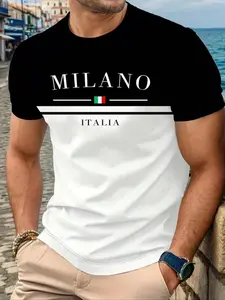 Men's 3D Digital Colorblock Print Round Neck T-Shirt, & Milano Italia Graphic, Casual Streetwear Fitted Classic Short Sleeve Tee, Ideal Gift, Stretchy