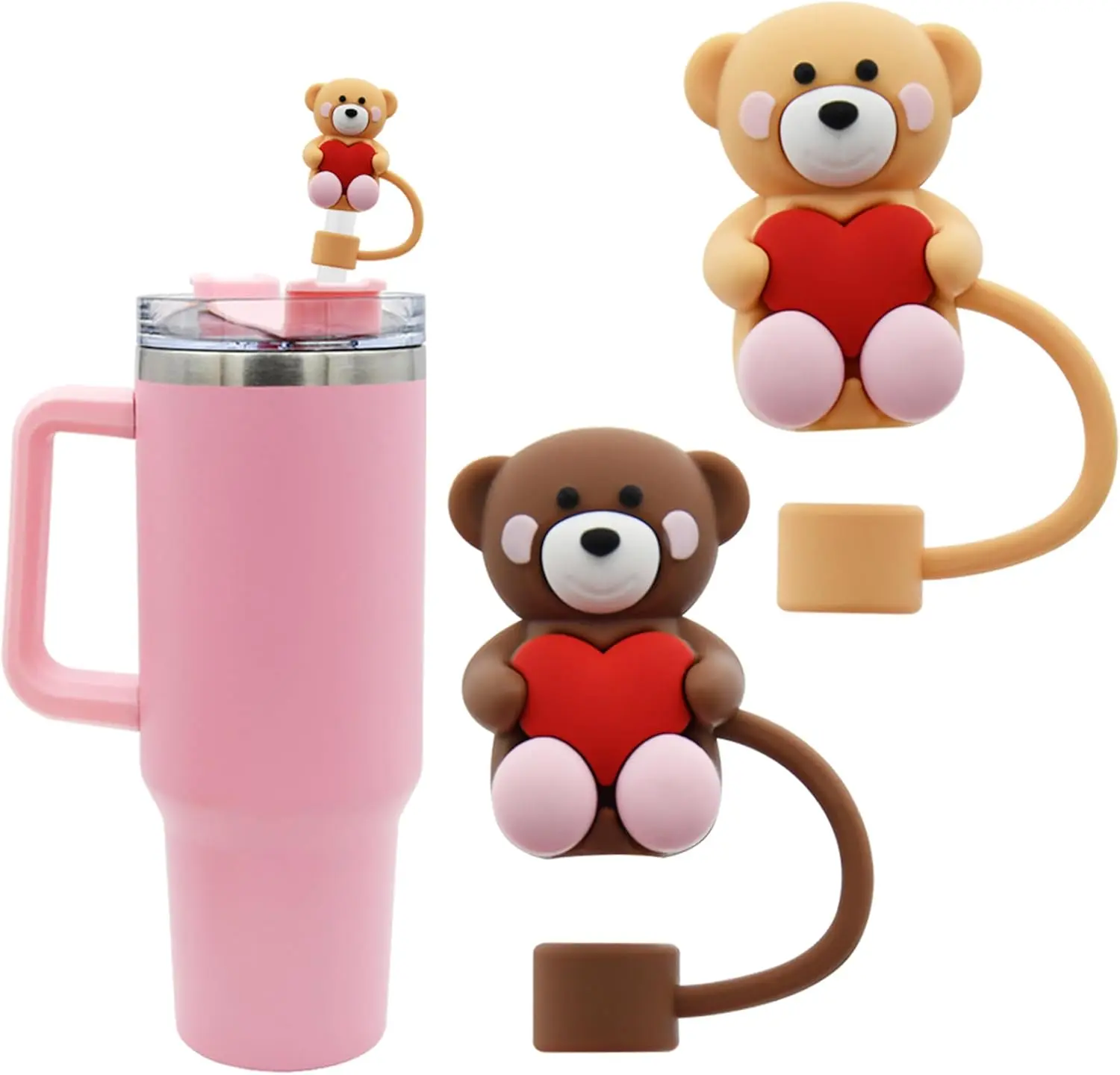 Straw Cover Cap for  Cup, Heart-shaped Straw Topper Compatible with 30&40 Oz Tumbler with Handle,10mm 0.4in Straw Tips  Lover Couple Fun Gifts (2pcs Bear Love Straw Cap)