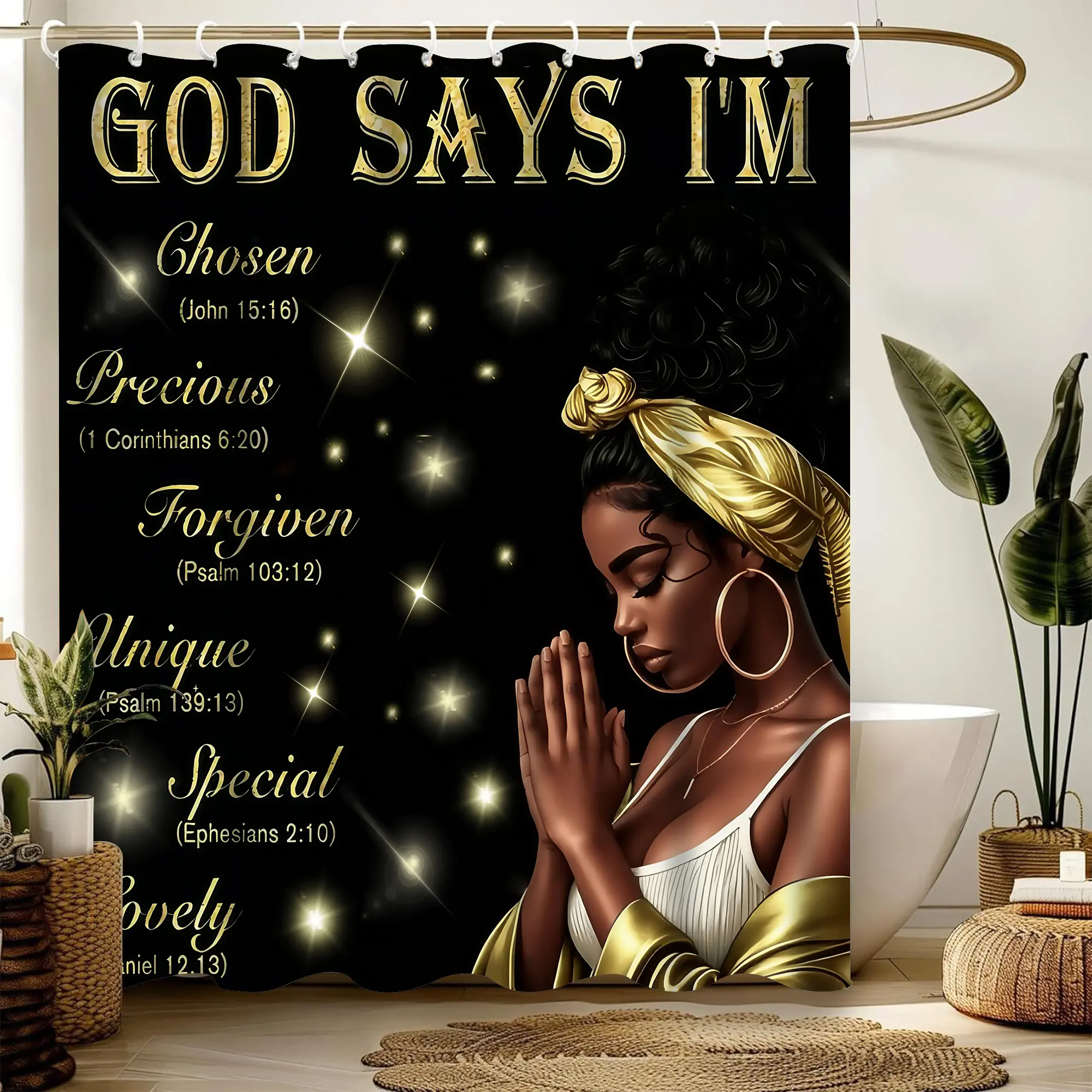 Black and gold African-American prayer female pattern shower curtain set, waterproof shower curtain with 12 hooks, non-slip bathroom carpet, toilet U-shaped cushion, toilet seat cover cushion, bathroom shower curtain set, perfect moving gift.
