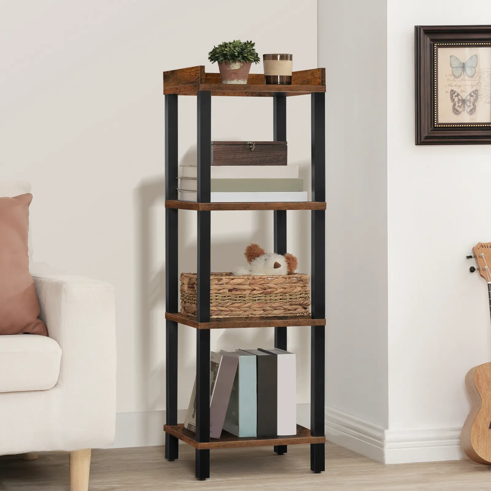 HOOBRO Wooden Square Bookcase, Industrial Style Bookshelf for Narrow Spaces, 4-Tier Book Shelf Stand, Small Storage Rack Display Shelf, Corner Shelf for Living Room, Entryway, Organizer Furniture #SummerVibes