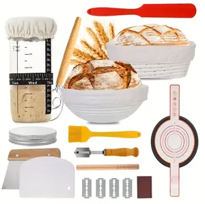 Complete Banneton Bread Proofing Basket Set with Sourdough Starter Jar