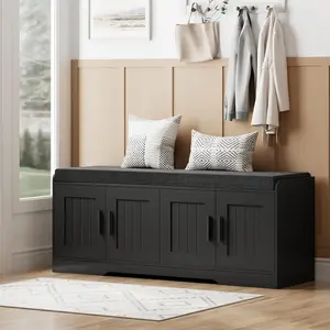 【Limited time deal】BA-LZR 2-Tier Storage Bench, Shoe Bench with Thickened Padded Seat Cushion, Entryway Bench with 4 Doors, Adjustable Shelf, 13.8" D x 45.3" W x 18.5" H, for Entryway, Living Room, Bedroom, Black