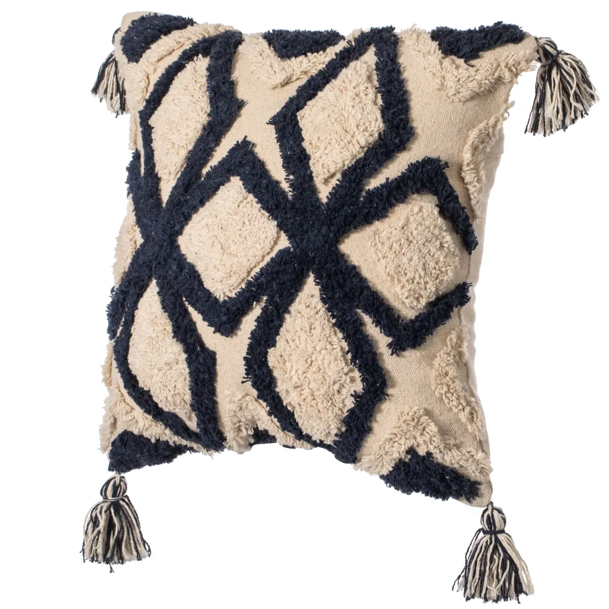 16in Square 100% Cotton Tufted Cushion Cover with Filler, 360-Degree Stand, Bohemian Moroccan Rustic Style, Blue & White Geometric Pattern, Corner Tassels, Handwoven Artisan Craftsmanship, Home Room Decor